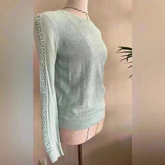 LOFT Mint Knit Pullover Sweater with Crochet Sleeves | Size XS - Picture 6 of 14